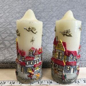 Set of 2 Christmas Village House Pillar Candles Gold‎ Angels Festive Decor
